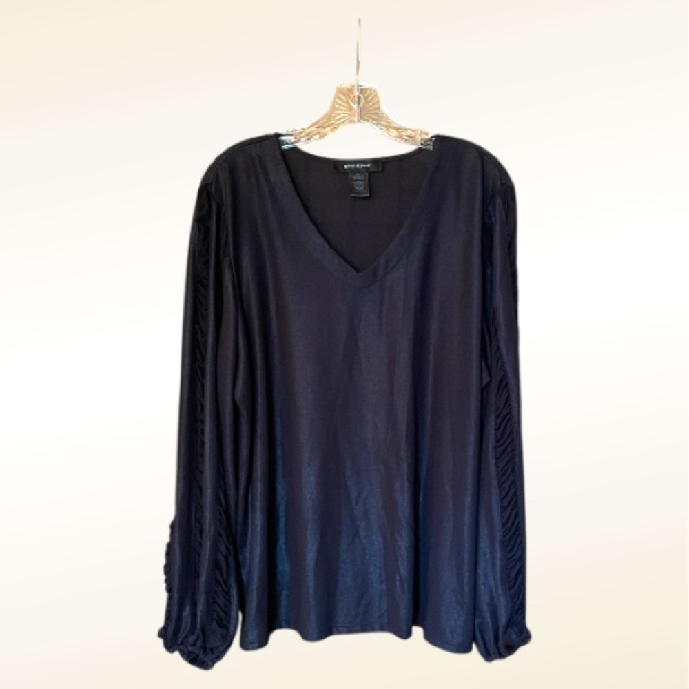 Ashley Stewart Top Black V-Neck Ruched Balloon Sleeves Stretchy Top